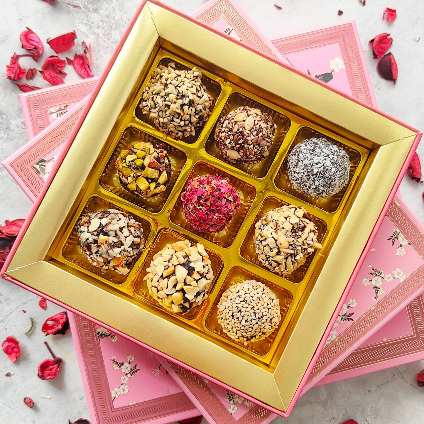 Assorted Truffles Platter in a Pink Flower Theme Box ( Eggless)
